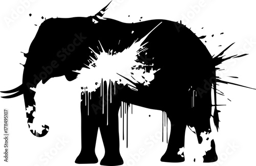 Dynamic black elephant silhouette bursting with vibrant white paint splashes creates striking abstract art