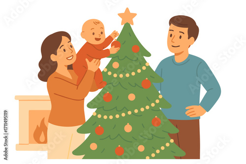 Vector illustration of family decorating Christmas tree with baby, festive holiday atmosphere, parents smiling, warm winter celebration near fireplace