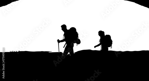 Adventurous hikers trek through rugged terrain, seeking new horizons with determination and spirit