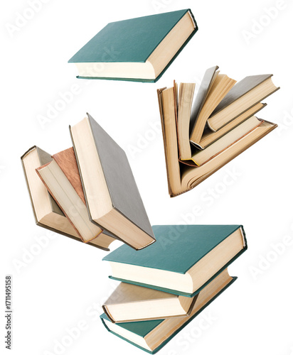 books falling, scattered, or stacked for academic themes and library concepts