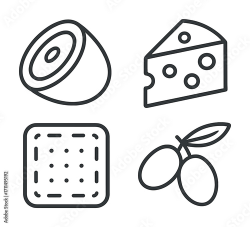 Outlined icons of ham, cheese, cracker, and olives for food design