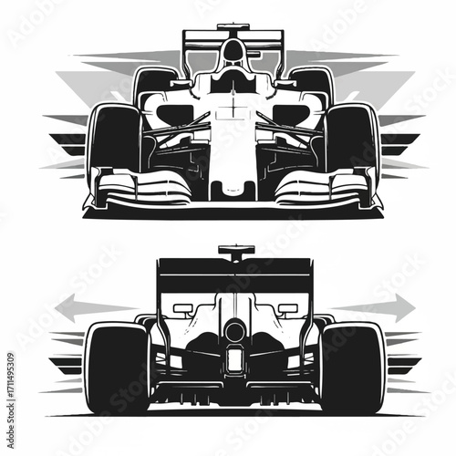 Front and rear view illustration of a Formula 1 race car, black and white design.