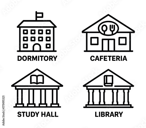 Simple line drawings of dormitory cafeteria study hall and library icons