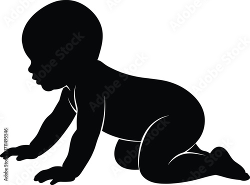 Crawling baby silhouette, black vector child, infant crawling posture, early childhood movement, isolated white background, stylized baby illustration,