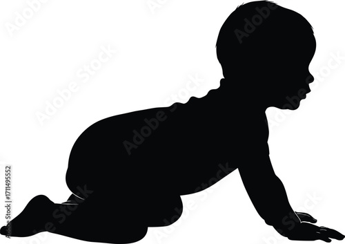 Crawling baby silhouette, black vector child, infant crawling posture, early childhood movement, isolated white background, stylized baby illustration,