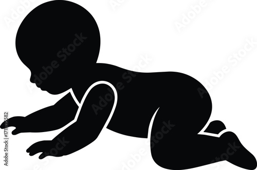 Crawling baby silhouette, black vector child, infant crawling pose, early development movement, isolated white background, stylized baby illustration,