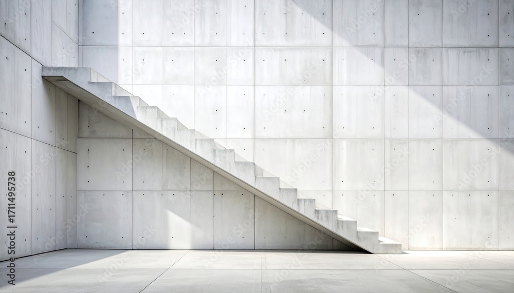 Obraz premium Concrete Staircase Ascending Along Concrete Wall Under Harsh Sunlight with Shadows in Modern Minimalist Architecture