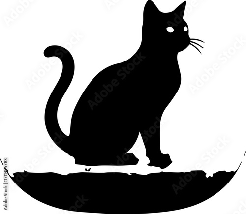 Elegant black cat silhouette poised gracefully on a circular textured base, a symbol of mystery and charm.