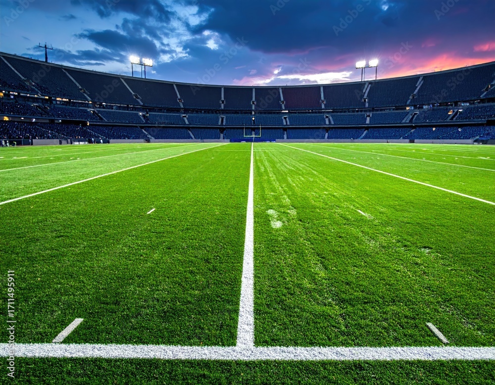 Fototapeta premium Illuminated Football Field Stadium with Green Grass and White Lines under Dramatic Night Sky Full of People