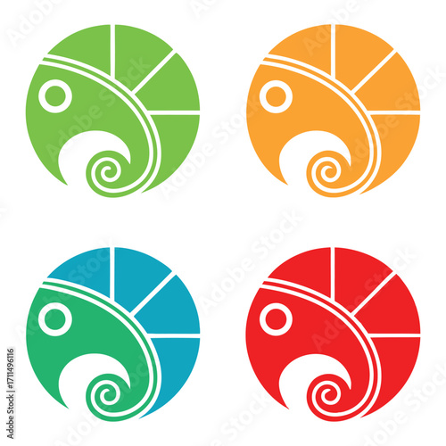 Four colorful abstract circular logo designs with swirl element and rays stakeholder icon