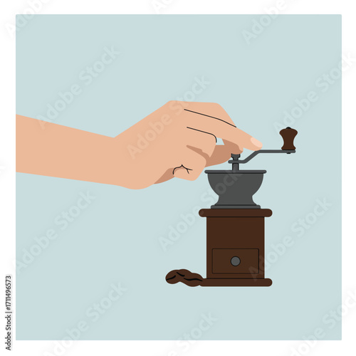 Illustrated hand grinds coffee beans with a manual grinder against a light blue backdrop