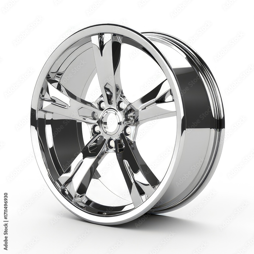 Obraz premium A shiny, chrome alloy wheel showcasing a modern design for vehicles.
