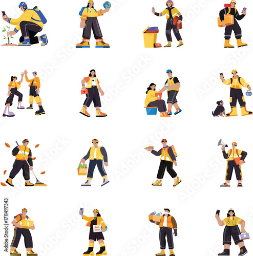 Collection of Volunteer Workers Flat Style Illustrations 
