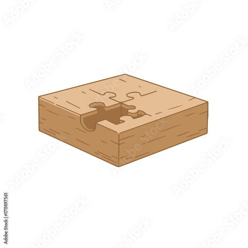 A square, light brown wooden block with a missing puzzle piece, outlined in darker brown