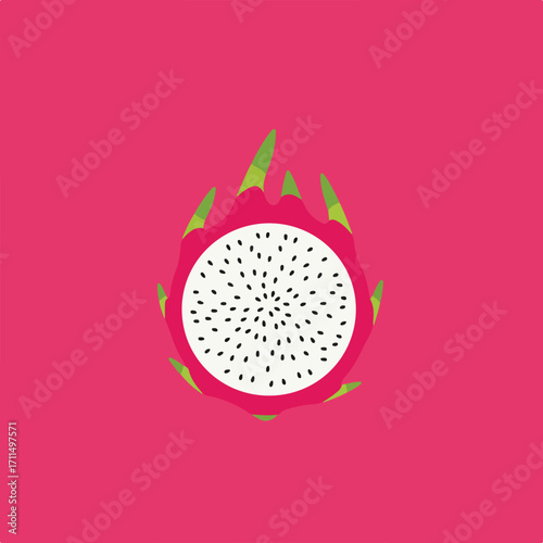 Isolated graphic of a dragon fruit cut in half with vivid pink skin and green leaves