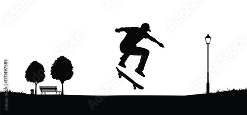 Silhouette of a skateboarder performing tricks with road, tree, and lamp elements in background.