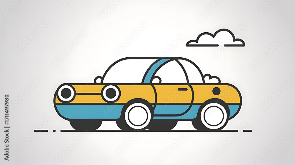 Naklejka premium A flat cartoon illustration of a two-tone yellow and blue car with a whimsical cloud above it.