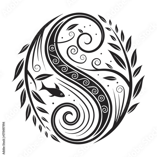 Elegant black and white circular design featuring a stylized fish swimming amidst swirling floral and leaf motifs creating a harmonious yin yang like composition
