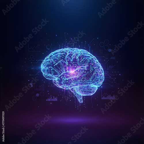 Holographic brain made of circuit lines, floating in mid-air against a dark gradient background.