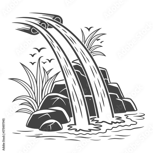 Stylized black and white illustration of a multi tiered waterfall cascading over rocks surrounded by lush green grass and flying birds in a serene natural landscape