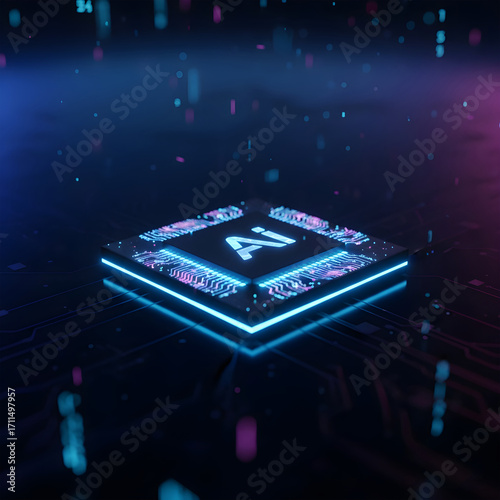 Futuristic AI microchip glowing with neon lights