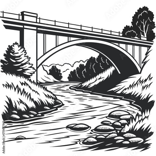 A striking black and white illustration of a wide concrete bridge arching over a winding river with lush trees and grassy banks on a clear day
