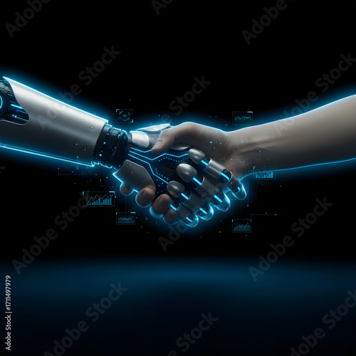 Robotic hand reaching to shake a human hand.