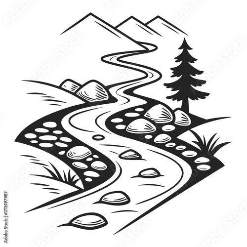 Stylized black and white illustration of a winding river flowing through a mountainous landscape with rocks and a lone pine tree