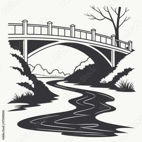 A charming black and white illustration of a picturesque arched bridge spanning a winding river surrounded by lush foliage and a solitary bare tree