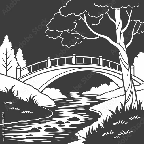A serene black and white illustration of a picturesque park scene featuring a graceful arched bridge spanning a flowing river with lush trees and foliage along the banks