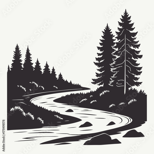 A serene black and white silhouette of a winding river flowing through a forest of pine trees and lush undergrowth with rocks in the water