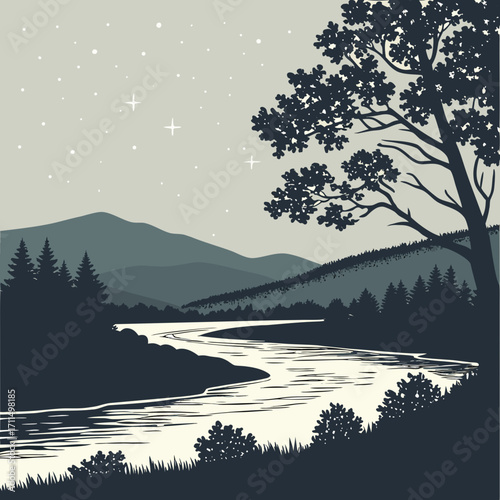 Serene night landscape with a winding river flowing through rolling hills and mountains under a starry sky with a silhouetted tree