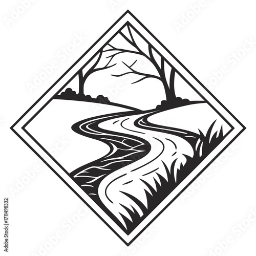 A stylized black and white vector illustration of a winding river flowing through a landscape with bare trees and grassy banks enclosed within a diamond shape