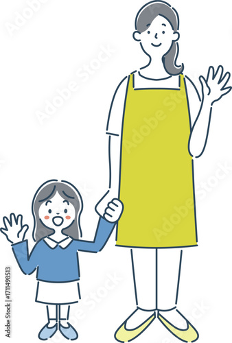 笑顔で手を振る女性保育士と女の子の園児のシンプルな線画イラスト素材