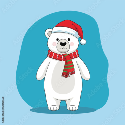 Cute polar bear wearing santa hat and scar