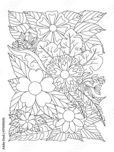Flower pattern. Flower coloring page for adult and kids.