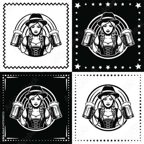 Four black and white illustrations of a woman in a Dirndl holding beer mugs, set in circular frames with rainbow-like backgrounds, framed by decorative borders.