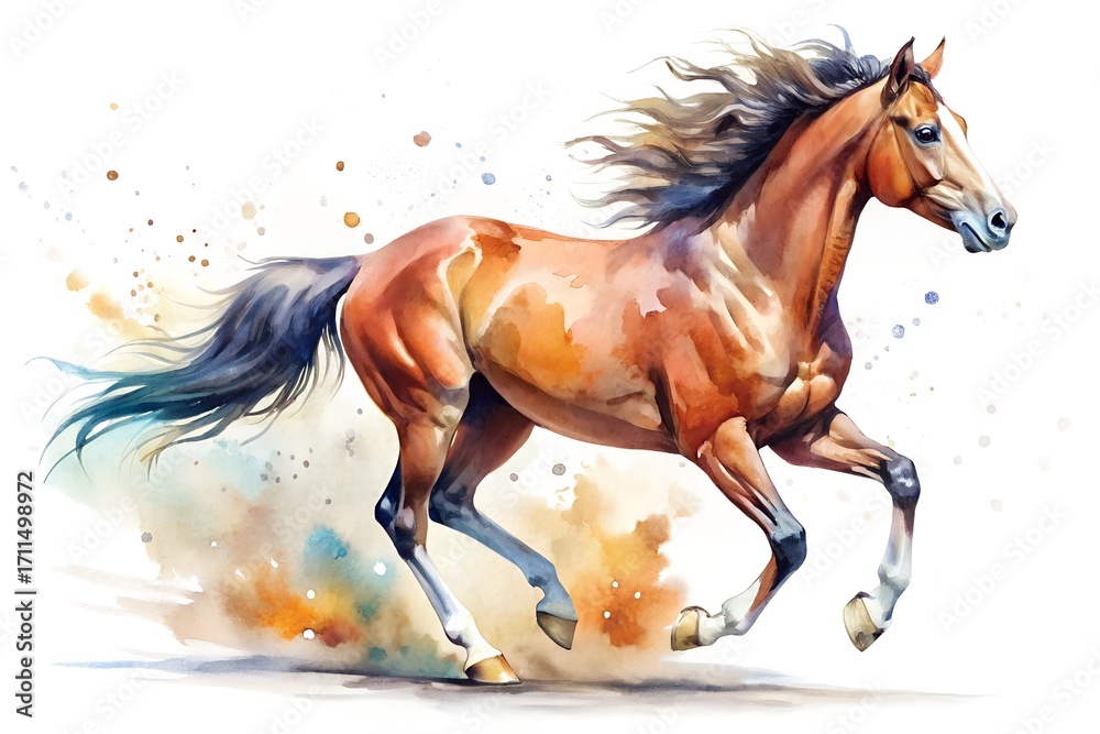 Fototapeta premium Watercolor Chestnut Horse Galloping with Flowing Mane and Tail on White