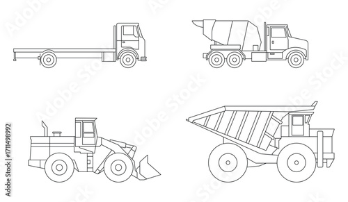 CAD Drawings. Set of silhouette heavy equipment vehicles. Side view. Vector illustration.