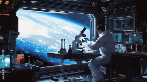 Scientist Analyzing Samples in Space Lab Over Earth