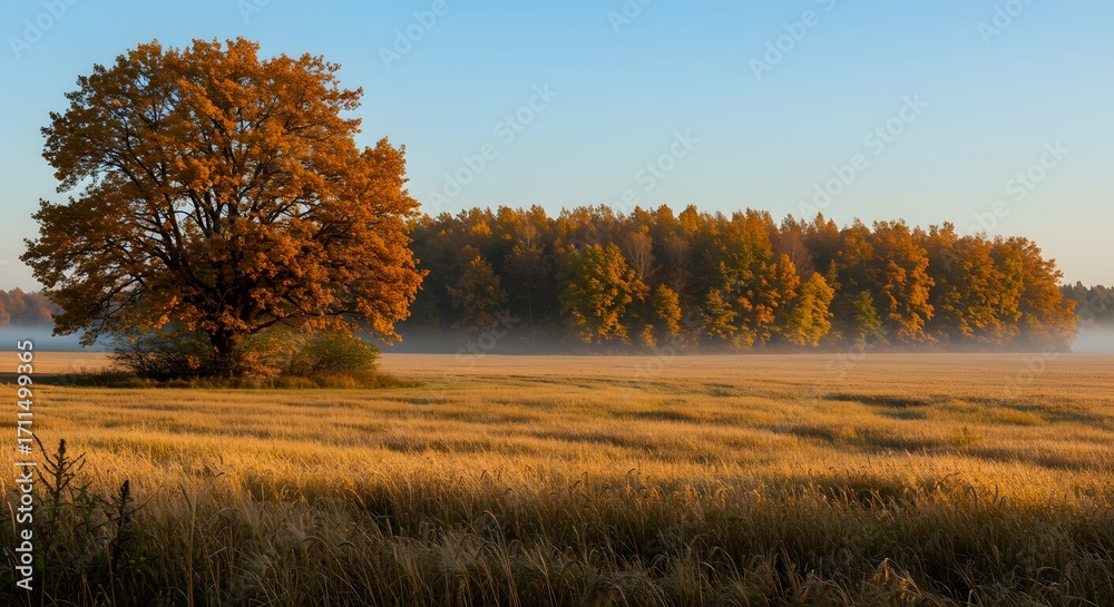 Fototapeta premium Autumnal field with oak tree