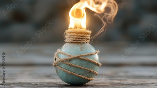Teal Sphere with Twine and Flame on Rustic Wood