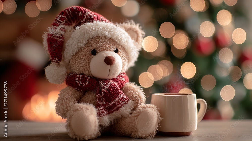Fototapeta premium Cute teddy bear in Santa hat sitting beside a mug by the fireplace 