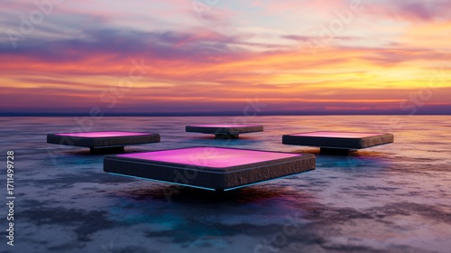 Three Glowing Platforms on Icy Surface at Sunset