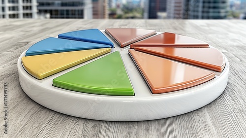 Vibrant 3D Pie Chart on Light Wood with Blurred Cityscape