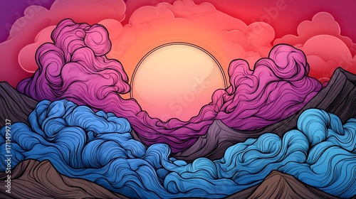 Vibrant Sunset Over Mountains Digital Artwork