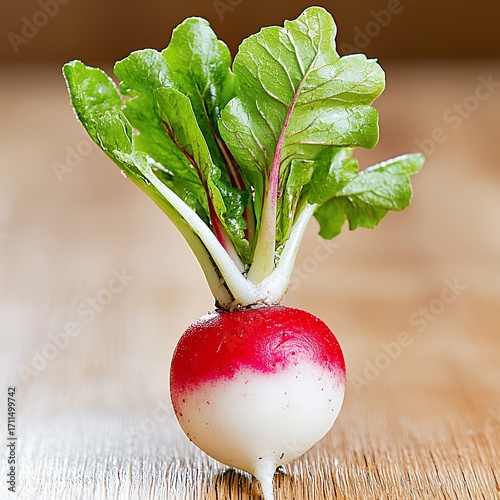 Vibrant Red and White Radish on Wooden Surface