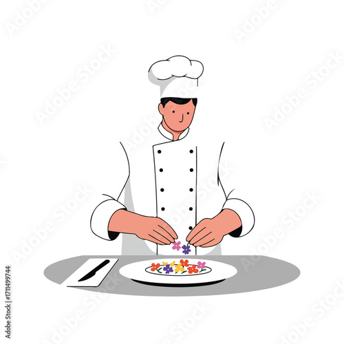 Chef delicately arranges flowers