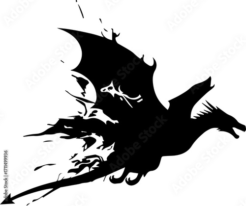 Dynamic silhouette of a mythical dragon in flight, powerful and majestic, evoking fantasy and adventure themes.
