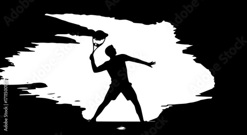 Dynamic tennis player mid-serve, capturing athletic power and focus against abstract backdrop.